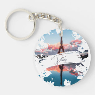 Paris Watercolor Splash Art T-Shirt Eiffe Tower Key Ring