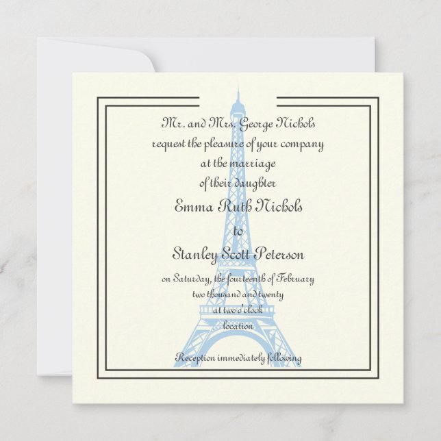 Paris wedding blue Eiffel Tower ivory invitation (Front)