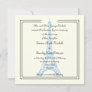Paris wedding blue Eiffel Tower ivory invitation