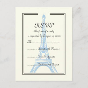 Paris wedding blue Eiffel Tower on ivory RSVP card