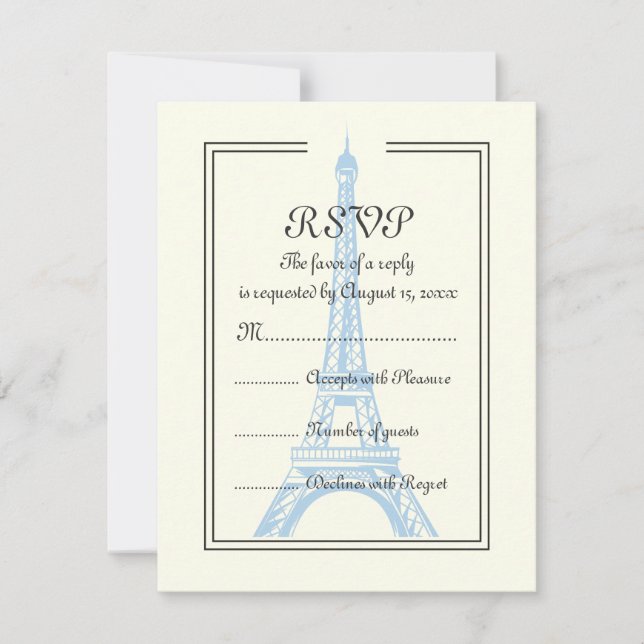 Paris wedding blue Eiffel Tower on ivory RSVP card (Front)