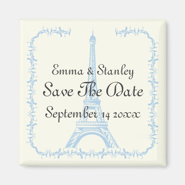 Paris wedding blue Eiffel Tower Save the Date Magnet (Front)