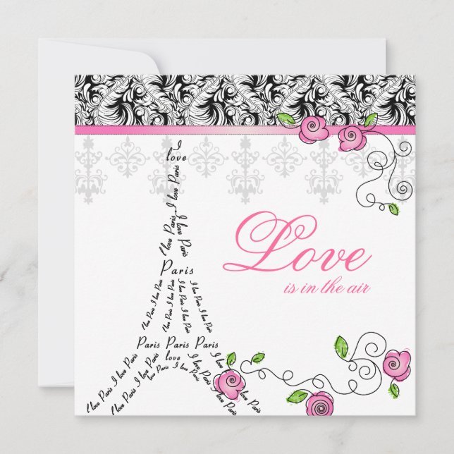 Paris Wedding Invitation Pink Roses Black White (Front)