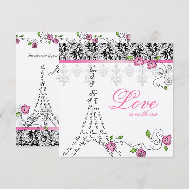Paris Wedding Invite Pink Roses Silver Black White (Front/Back)