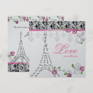 Paris Wedding Invite Pink Roses Silver Black White