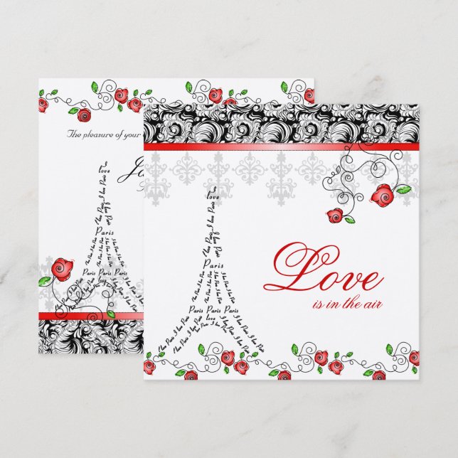 Paris Wedding Invite Red Roses Silver Black White (Front/Back)