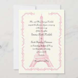 Paris wedding pink Eiffel Tower ivory invitation