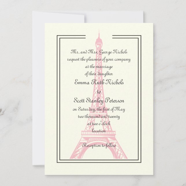 Paris wedding pink Eiffel Tower ivory invitation (Front)