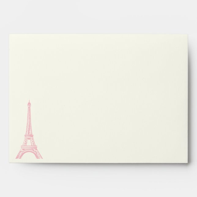 Paris wedding pink Eiffel Tower on ivory envelope (Front)