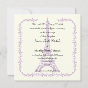 Paris wedding purple Eiffel Tower ivory invitation