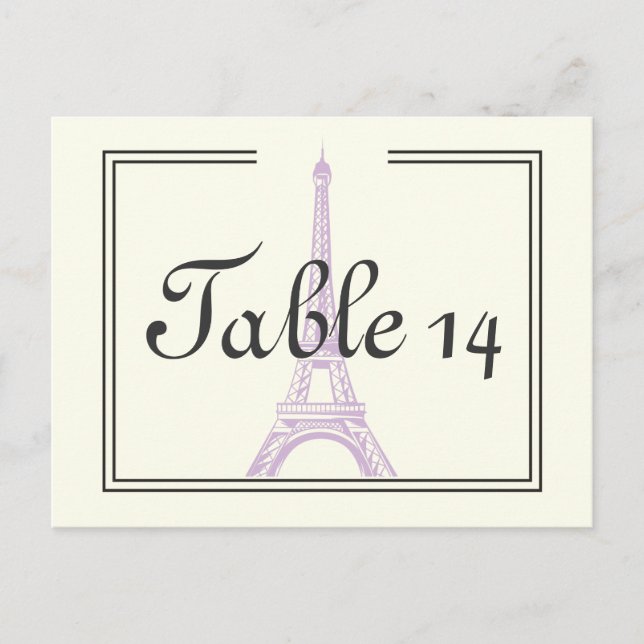 Paris wedding purple Eiffel Tower table number Postcard (Front)