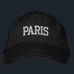 PARIS White Embroidery on Black Embroidered Hat<br><div class="desc">PARIS White Embroidered Black Cotton Hat. Makes a wonderful gift for anybody who loves Paris France! If you would prefer to have your personal text then simply select "Personalise this template" details button to enter your choice of custom text. Embroidery is also customisable to other colour choices by selecting the...</div>