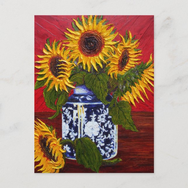 Paris' Yellow Sunflower on Red Background Postcard (Front)