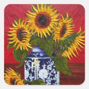 Paris' Yellow Sunflower on Red Background Square Sticker