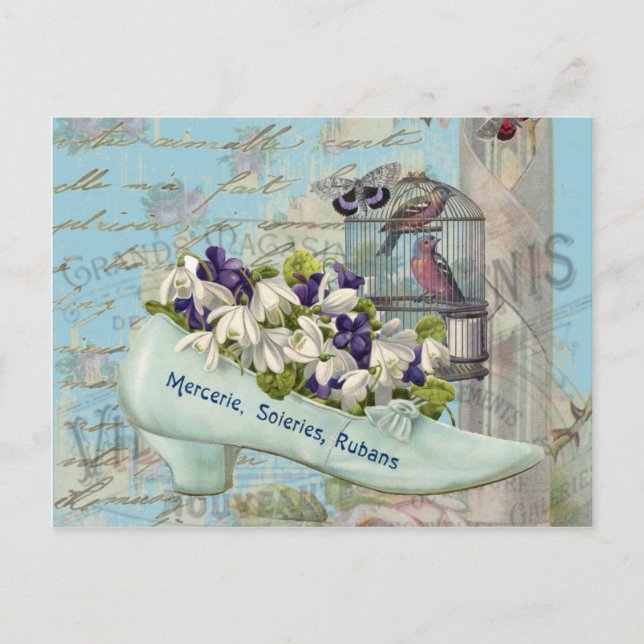 Parisian art decoupage - pretty blue shoes flowers postcard (Front)