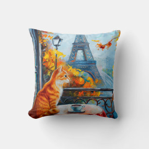 Parisian Autumn Ginger Cat at a Cafe Cushion