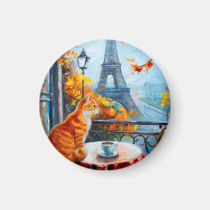 Parisian Autumn   Ginger Cat at a Cafe Magnet