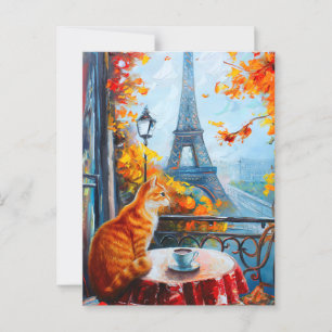 Parisian Autumn Ginger Cat at a Cafe Postcard