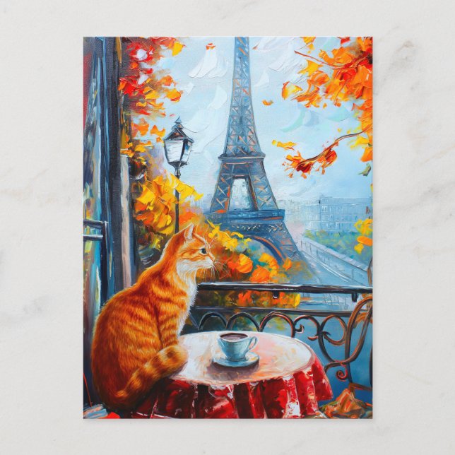 Parisian Autumn | Ginger Cat at a Cafe Postcard (Front)