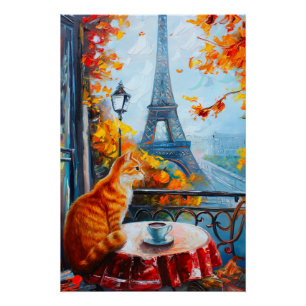 Parisian Autumn Ginger Cat at a Cafe Poster
