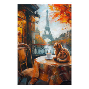 Parisian Autumn Ginger Cat at a Cafe Poster