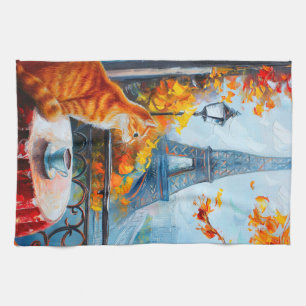 Parisian Autumn Ginger Cat at a Cafe Tea Towel
