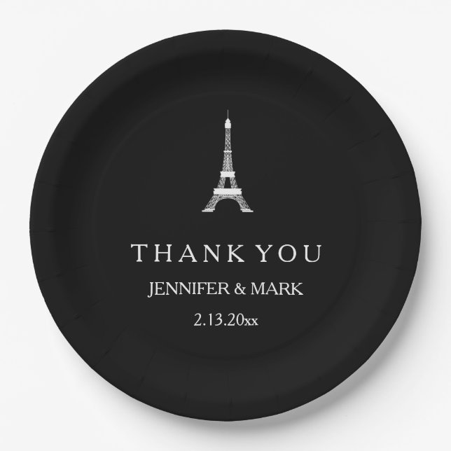 Parisian Black and White Wedding Eiffel Tower Paper Plate (Front)