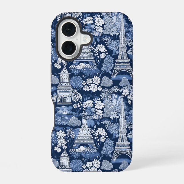 Parisian Blue Toile patterned fabric iPhone 16 Case (Back)