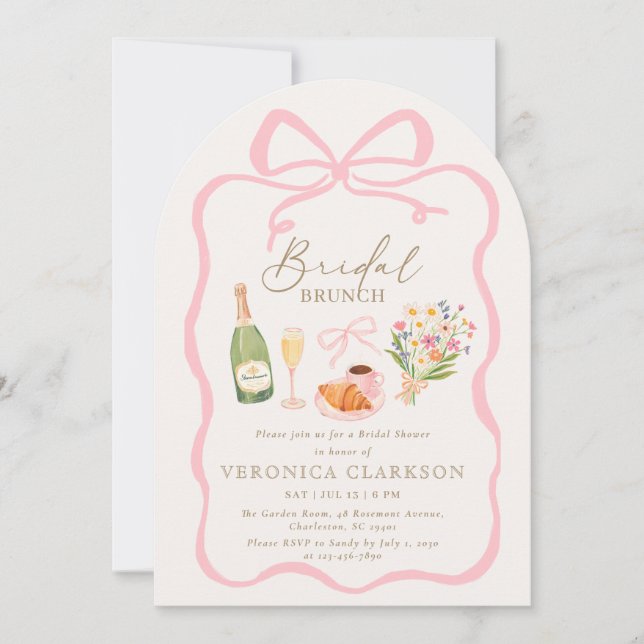 Parisian Brunch Pink Bow Bridal Shower Invitation (Front)