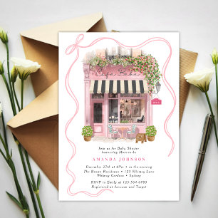 Parisian Cafe Bonjour Bebe Pink Bow Baby Shower  Invitation