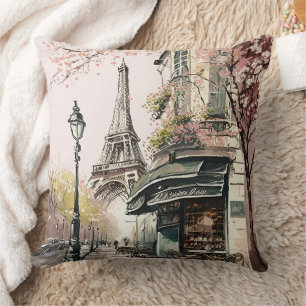 Parisian Cafe Eiffel Tower Pink Cherry Blossoms Cushion