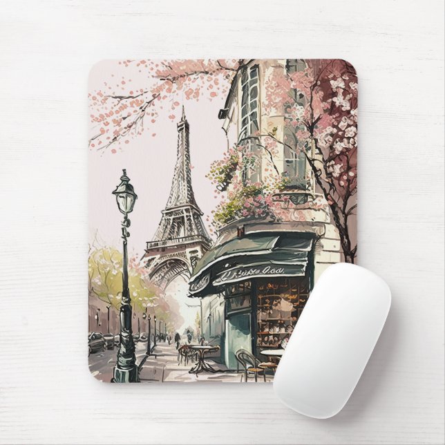 Parisian Cafe Eiffel Tower Pink Cherry Blossoms Mouse Mat (With Mouse)