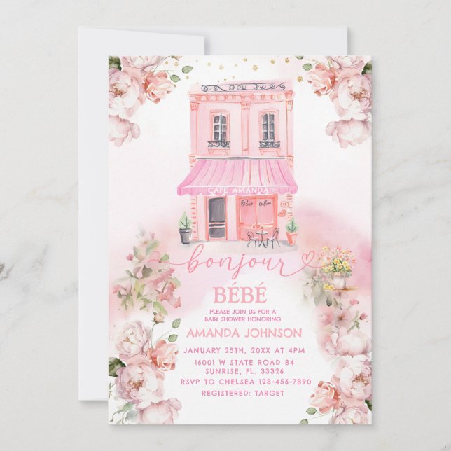 Parisian Cafe Pink Floral Baby Shower Invitation (Front)