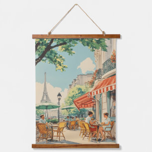 Parisian Café with Eiffel View Hanging Tapestry