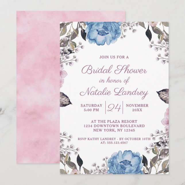 Parisian Charm Blue Floral Wedding Bridal Shower Invitation (Front/Back)