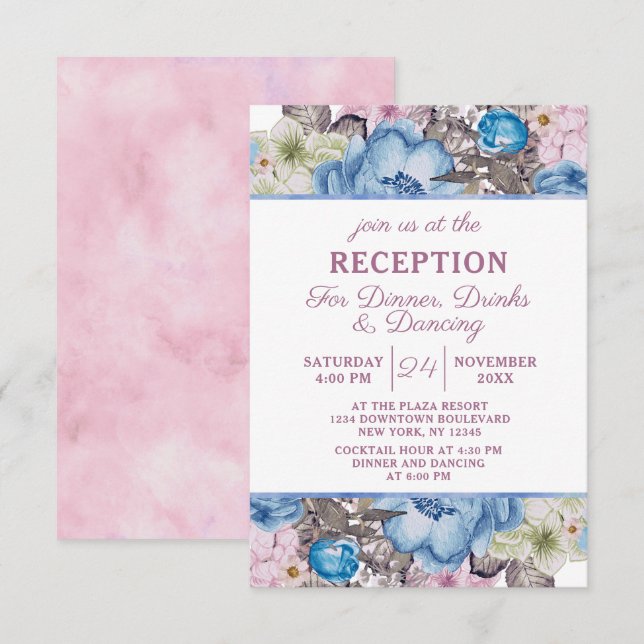 Parisian Charm Blue & Pink Chic Wedding Reception Invitation (Front/Back)