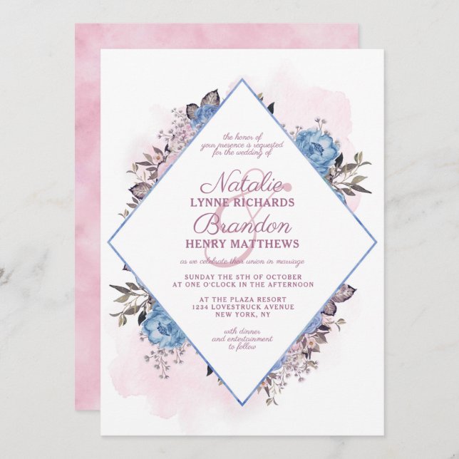 Parisian Charm Blue & Pink Diamond Frame Wedding Invitation (Front/Back)