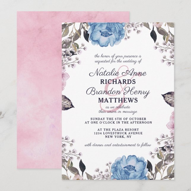 Parisian Charm Blue & Pink Floral Border Wedding Invitation (Front/Back)