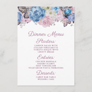 Parisian Charm Blue & Pink Floral Chic Dinner Menu