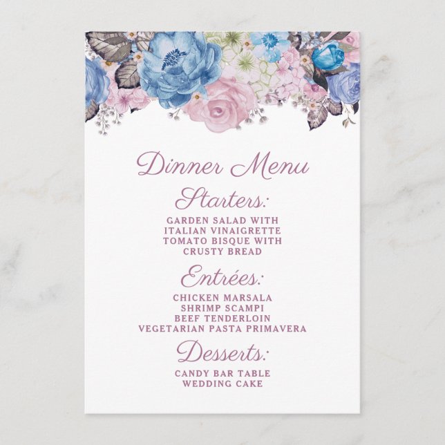 Parisian Charm Blue & Pink Floral Chic Dinner Menu (Front)