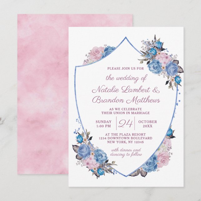 Parisian Charm Blue & Pink Floral Crest Wedding Invitation (Front/Back)