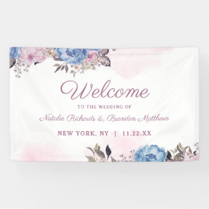Parisian Charm Blue & Pink Floral Wedding Welcome Banner