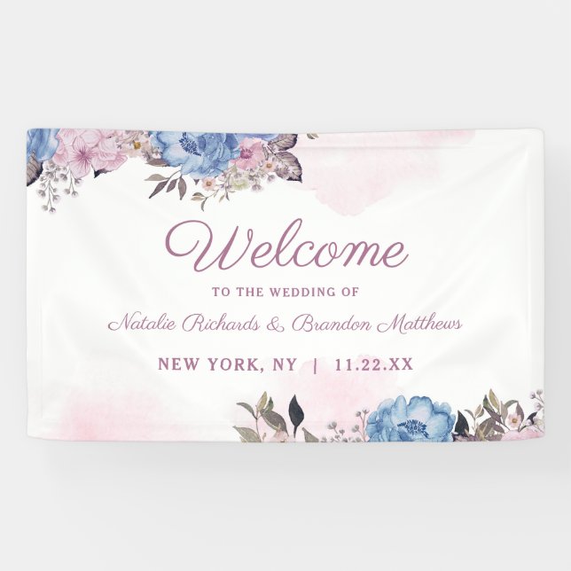 Parisian Charm Blue & Pink Floral Wedding Welcome Banner (Horizontal)