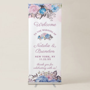 Parisian Charm Blue & Pink Floral Wedding Welcome Retractable Banner