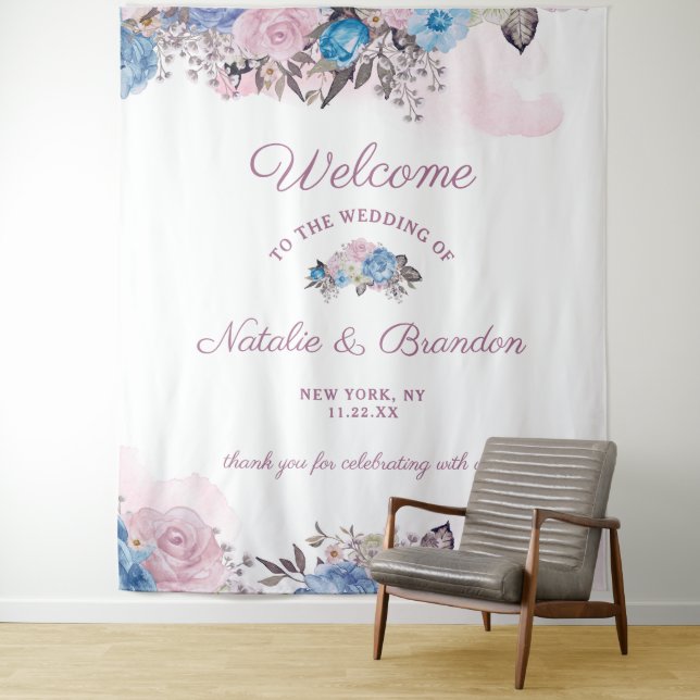 Parisian Charm Blue & Pink Floral Wedding Welcome Tapestry (In Situ)