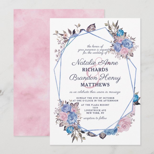 Parisian Charm Blue & Pink Geometric Wedding Invitation (Front/Back)