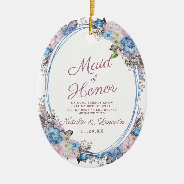 Parisian Charm Blue & Pink Maid of Honour Quote Ceramic Tree Decoration (Front)
