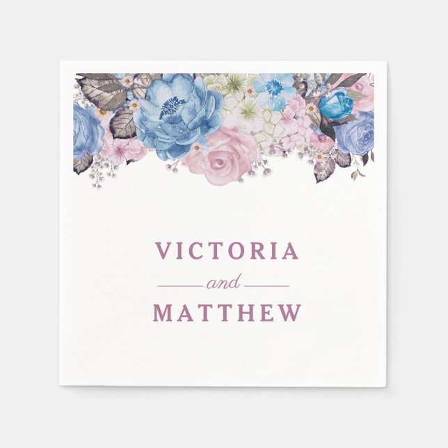 Parisian Charm Blue & Pink Wedding Monogram Dinner Napkin (Front)