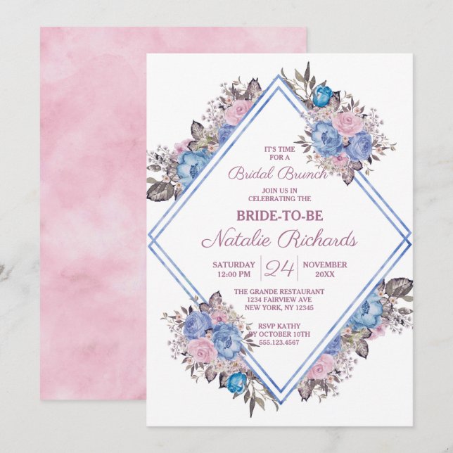 Parisian Charm Floral Diamond Bridal Brunch Shower Invitation (Front/Back)
