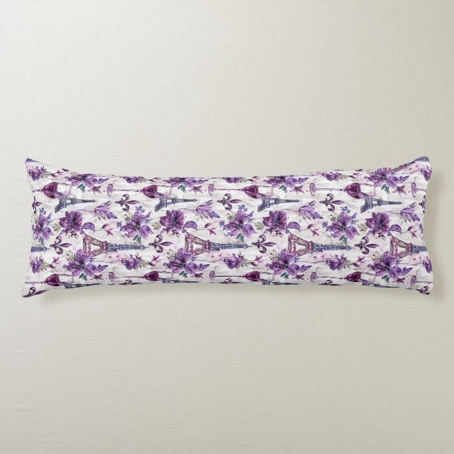 Parisian Charm Purple Eiffel Tower and Floral  Body Cushion (Front)